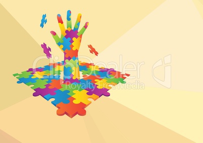 Composite image of colored puzzle Hand icon against yellow background