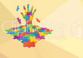 Composite image of colored puzzle Hand icon against yellow background