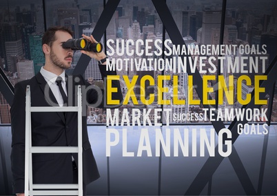 Composite image of Business man on a ladder looking his objectives against a city background and tex