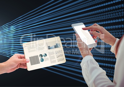 Composite image of Hand touching cell Phone screen with Statistics Charts against lights effects