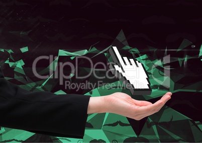 Composite image of open hand against hand icon and graphic dark background
