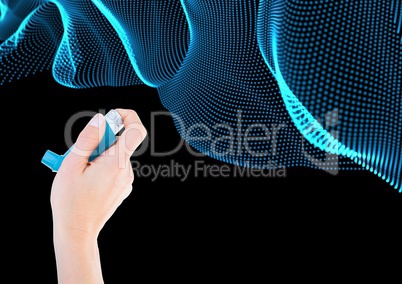 Composite image of Hand holding ashtma inhaler against blue curves