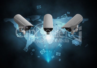 Composite Image of a Security cameras against a dark blue map background