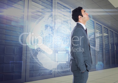 Businessman Standing looking at Graphic against a blue background