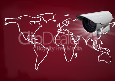 Composite image of Security camera against a red maroon map background