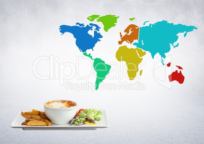 Composite image of World balanced meal against a world map background