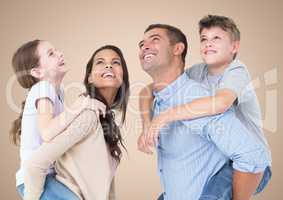 Composite image of Parents carrying their children on their back against a beige background