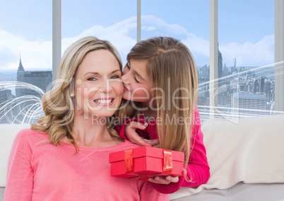 Composite image of a girl offering a gift to her mother against city background