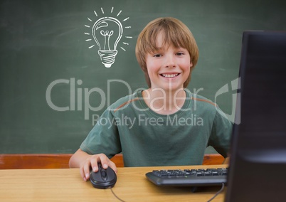 Composite image of kid smiling behind computer against blackboard and lightbulb