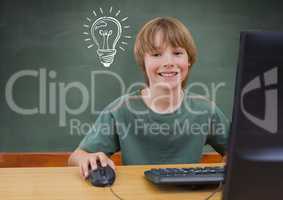 Composite image of kid smiling behind computer against blackboard and lightbulb