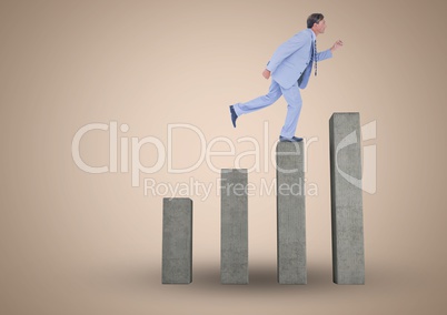 Composite image of Businessman climbing on graph post against beige background