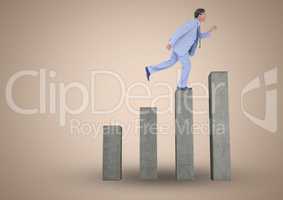 Composite image of Businessman climbing on graph post against beige background