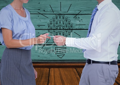 Composite image of Business people trading calling card against green wood wall with sketches