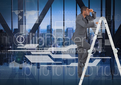 Businessman on a Ladder looking at the future against a city background