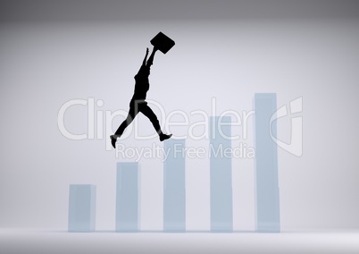 Businessman black Silhouette raising arms on graph against a grey background