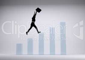 Businessman black Silhouette raising arms on graph against a grey background