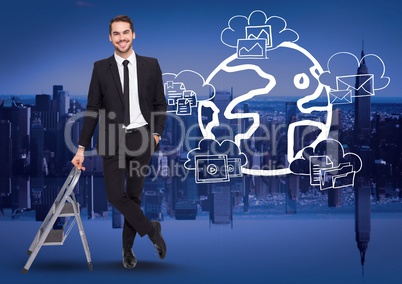Businessman next to a Ladder against a city background