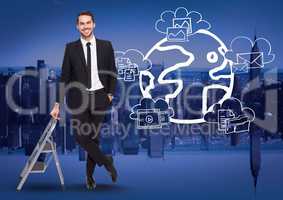 Businessman next to a Ladder against a city background