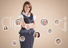 Businesswoman standing with Networking Contacts Business against neutral background