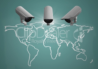 Composite Image of Security cameras on map against a green background