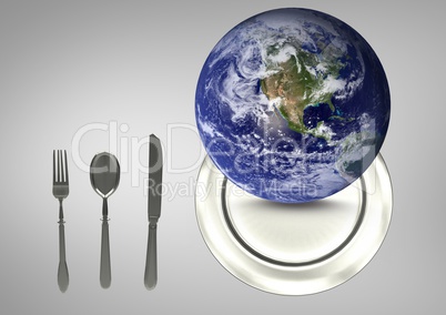 Composite image of a globe on a plate next to kitchen utensils against a grey background