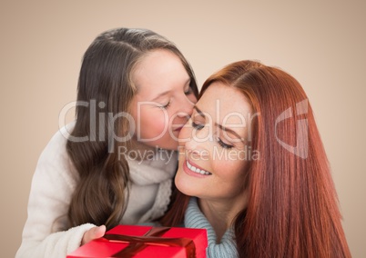 Composite image of a girl offering a gift to her mother against a beige background