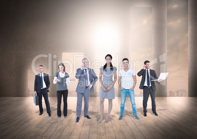 Composite image of Business people standing in front of camera against large wood room
