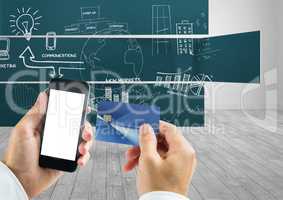 Composite image of Hands holding cell Phone and Bank Card against blackboard with Ideas