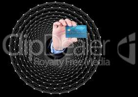 Composite image of Hand Holding bank card against graphic dark background