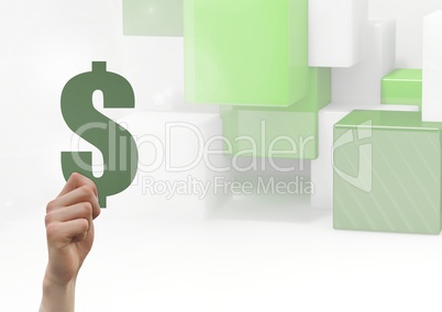 Composite Image of a Hand holding Money against Green Building blocks against a white background