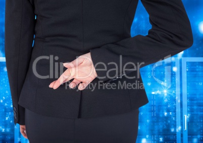 Businessman Standing Crossing her fingers and looking at Graphic against a blue background