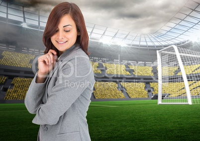 Woman Manager at Sport Stadium against a food stadium background