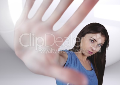 Composite image of Hand woman perspective against a neutral white background
