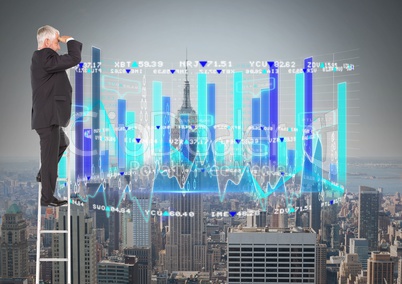 Composite image of Business man on a ladder looking his statistic graph against a city background
