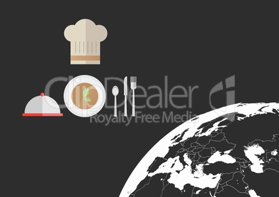 Composite image of cooking equipment against world globe on black background