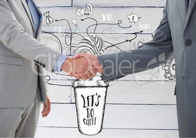 Composite image of Business people shaking hands against sketches on wall
