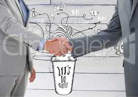 Composite image of Business people shaking hands against sketches on wall