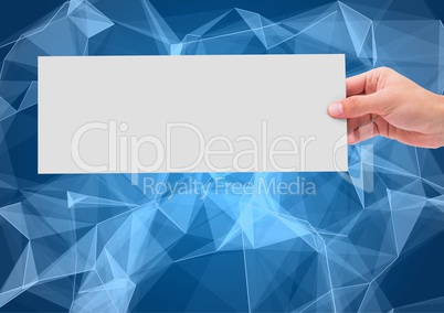 Composite image of Hand Holding White paper against blue polygon graphic background