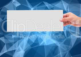 Composite image of Hand Holding White paper against blue polygon graphic background