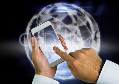 Composite image of Hand touching cell phone screen against bright graphic sphere