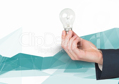 Composite image of Hand Holding Lightbulb against graphic Polygons