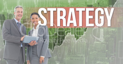 Composite image of Business people Standing and looking at tablet against city view