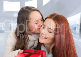 Composite image of girl kissing her mother against white modern room