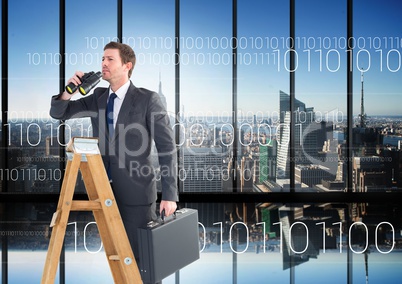 Composite image of Businessman on a Ladder looking at his objectives against city view