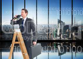 Composite image of Businessman on a Ladder looking at his objectives against city view