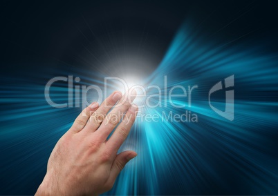 Composite Image of Hand touching virtual screen against a blue background