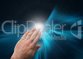 Composite Image of Hand touching virtual screen against a blue background
