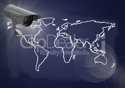 Composite Image of a Security camera against a dark purple map background