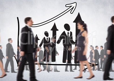Business People Walking in front of Graph against a grey bakcground