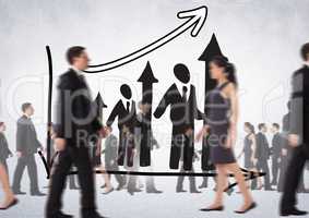Business People Walking in front of Graph against a grey bakcground